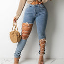 New Fashion Streetwear Sexy Pants Blue Skinny Lace Up Jeans Slim Denim Ripped Jeans Pants For Women