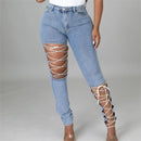New Fashion Streetwear Sexy Pants Blue Skinny Lace Up Jeans Slim Denim Ripped Jeans Pants For Women