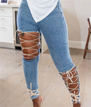New Fashion Streetwear Sexy Pants Blue Skinny Lace Up Jeans Slim Denim Ripped Jeans Pants For Women