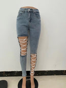 New Fashion Streetwear Sexy Pants Blue Skinny Lace Up Jeans Slim Denim Ripped Jeans Pants For Women