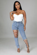 New Fashion Streetwear Sexy Pants Blue Skinny Lace Up Jeans Slim Denim Ripped Jeans Pants For Women
