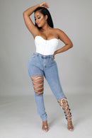 New Fashion Streetwear Sexy Pants Blue Skinny Lace Up Jeans Slim Denim Ripped Jeans Pants For Women