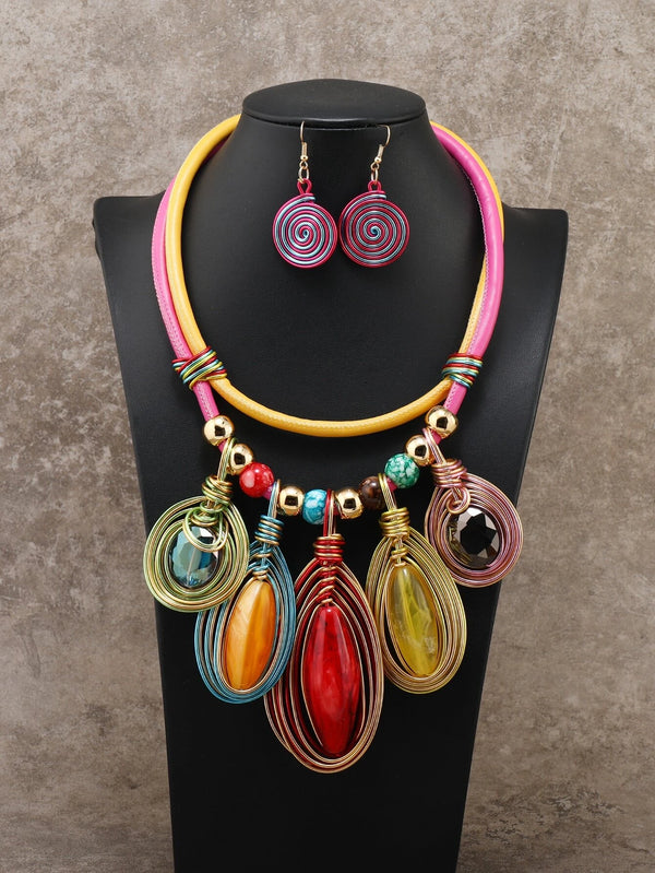 Women Fashion Exaggerated Boho Resin Tassel Necklace Earrings Set