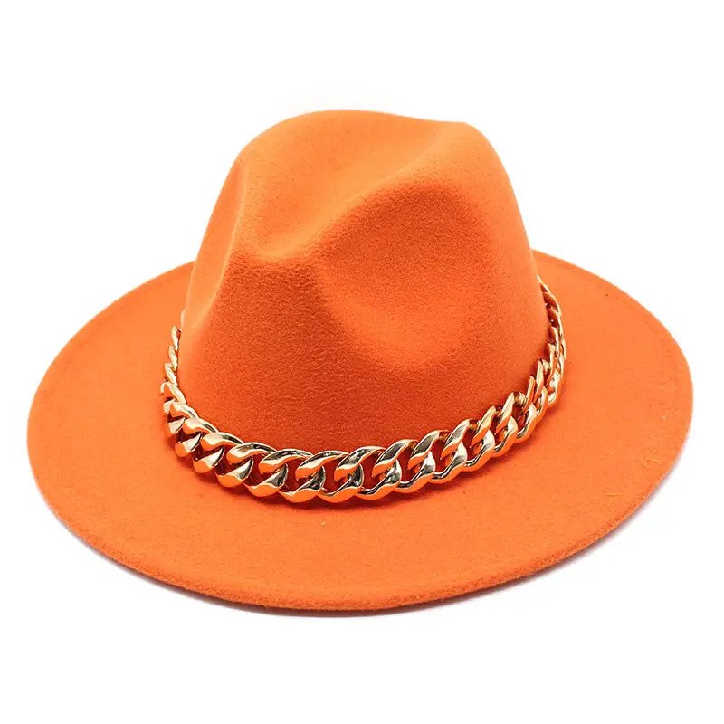 Fedora hat with large thick gold chain wide brim hat (56-58cm adjustable)