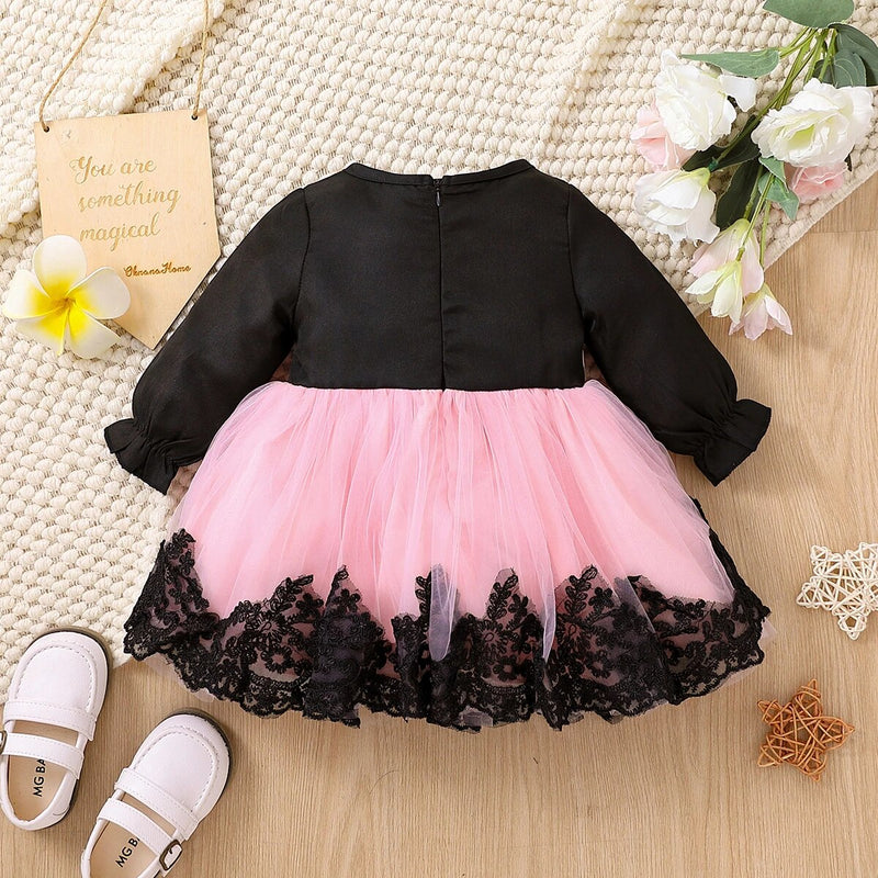 Baby Girl Long-sleeve Bowknot Lace Mesh Party Dress