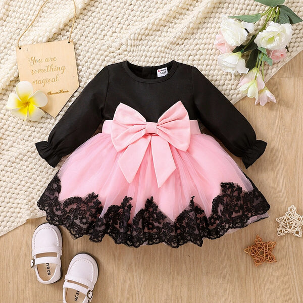 Baby Girl Long-sleeve Bowknot Lace Mesh Party Dress