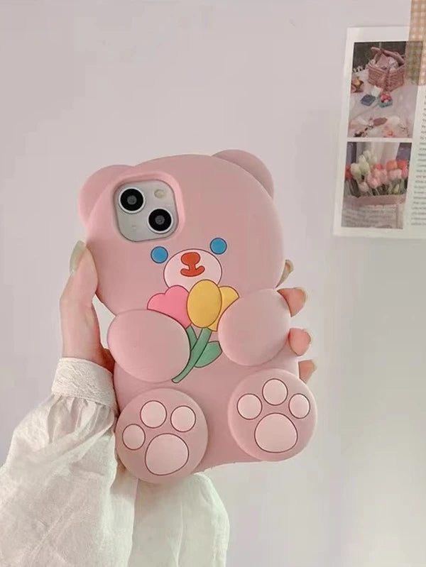 Pink Cartoon Bear Design Silicone Anti-fall Phone Case for iPhone 13 Pro Max