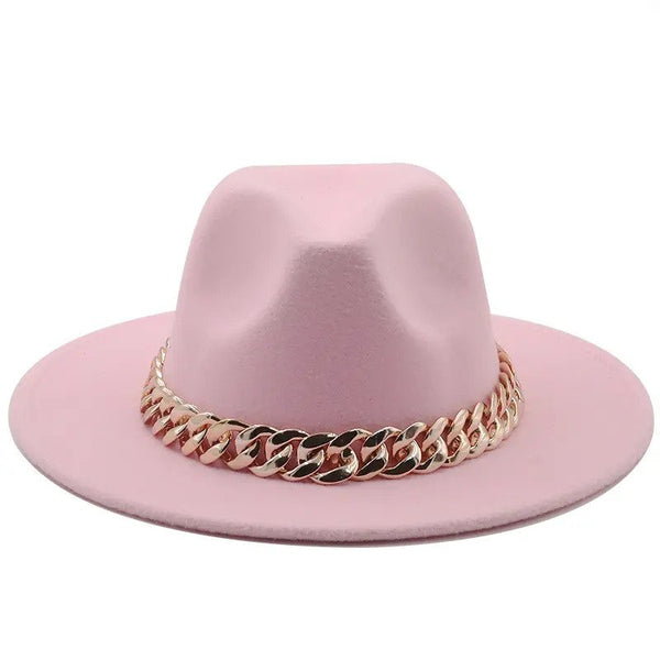 Fedora hat with large thick gold chain wide brim hat (56-58cm adjustable)