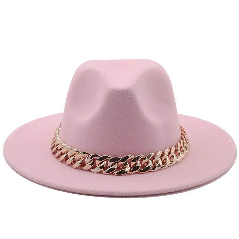 Fedora hat with large thick gold chain wide brim hat (56-58cm adjustable)