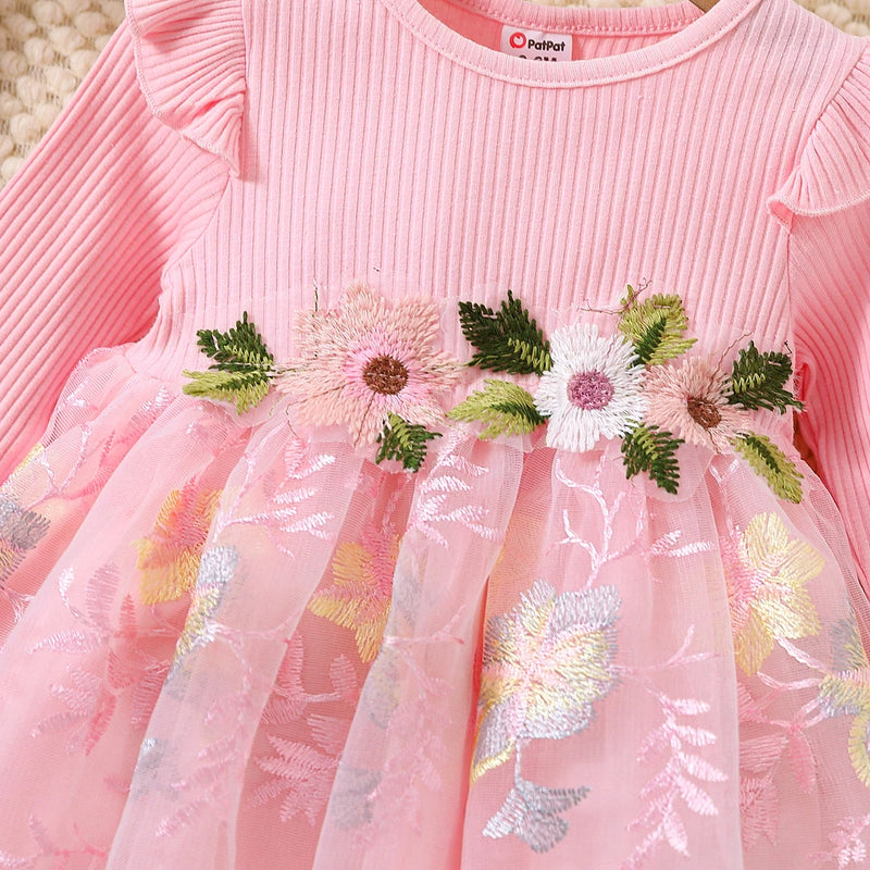 Baby Girl Long-sleeve Bowknot Lace Mesh Party Dress