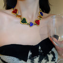 Diamond-Studded Multicolor Pleated Heart Shaped Middle-Aged Gold Court Style Vintage Collar Necklace