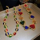 Diamond-Studded Multicolor Pleated Heart Shaped Middle-Aged Gold Court Style Vintage Collar Necklace