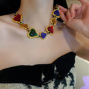 Diamond-Studded Multicolor Pleated Heart Shaped Middle-Aged Gold Court Style Vintage Collar Necklace