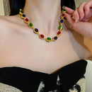 Diamond-Studded Multicolor Pleated Heart Shaped Middle-Aged Gold Court Style Vintage Collar Necklace